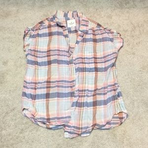Button up plaid pink purple orange shirt